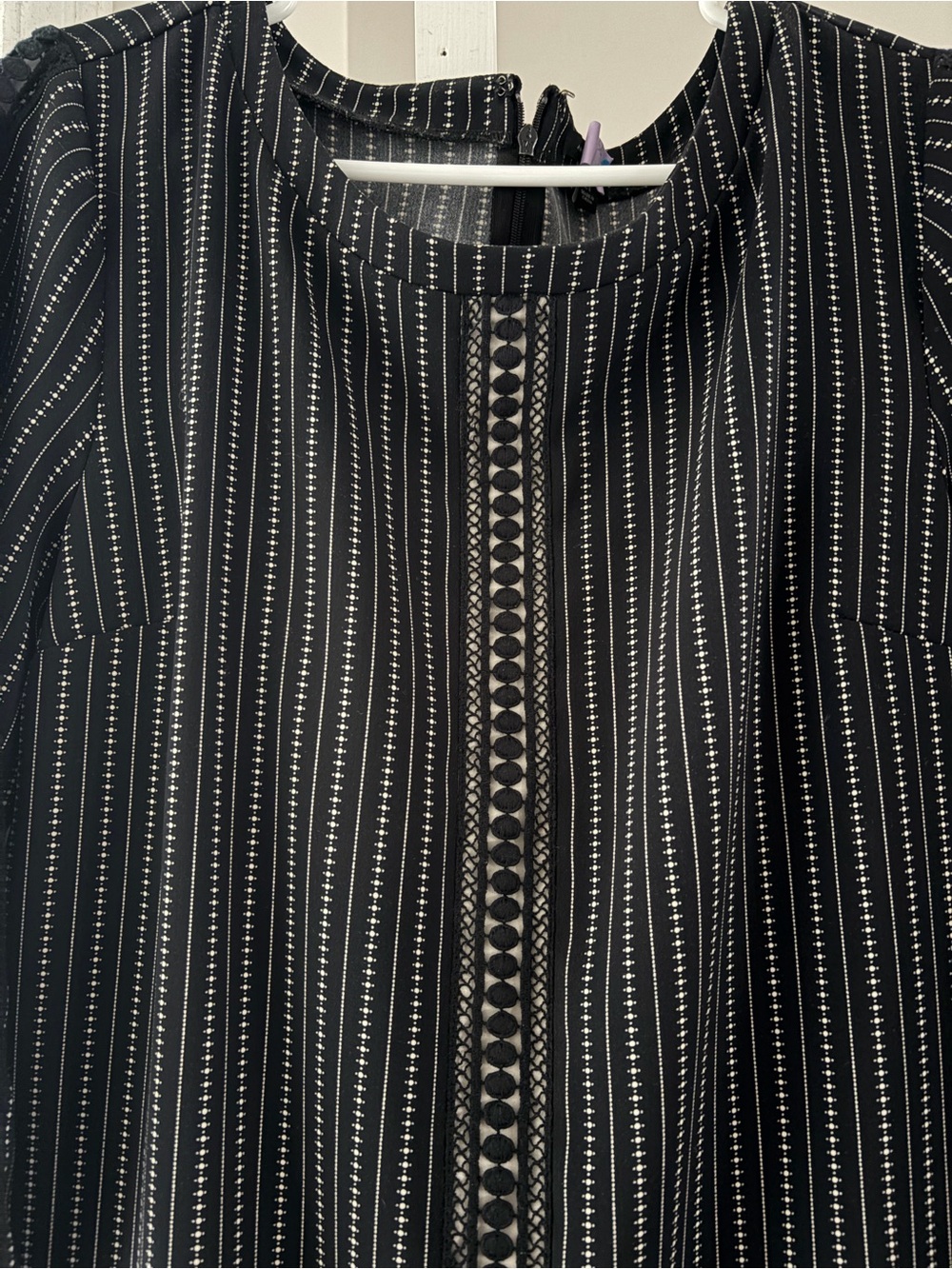 Ann Taylor Black Dress with White Pinstripes and Lace Trim